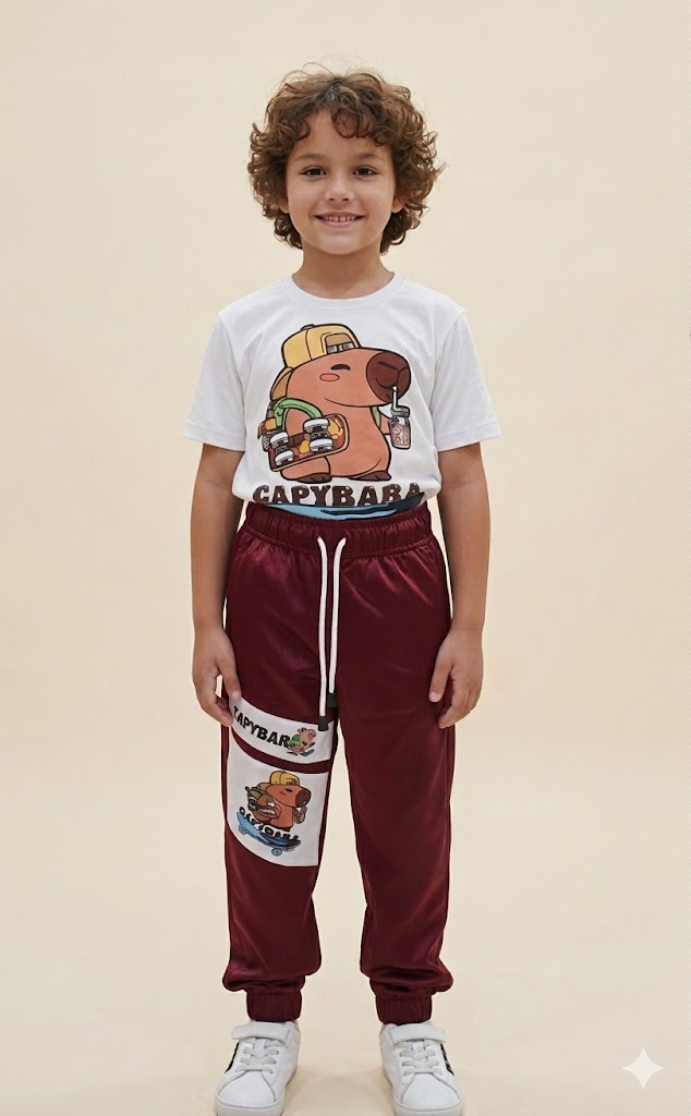 Conjunto Infantil Capybara con Camiseta Estampada y Jogger Vinotinto para Niño