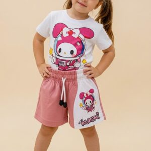 Conjunto Infantil Kuromi con Camiseta Estampada y Short Rosa para Niña