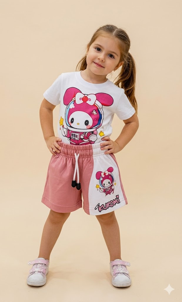 Conjunto Infantil Kuromi con Camiseta Estampada y Short Rosa para Niña
