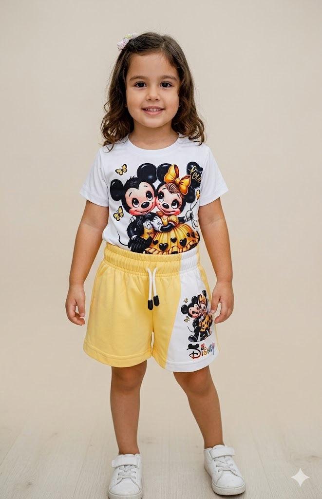 Conjunto Infantil Mickey y Minnie con Camiseta Estampada y Short Amarillo para Niña