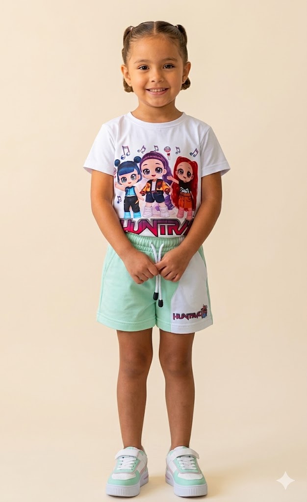 Conjunto Infantil Huntrix con Camiseta Estampada y Short Verde Menta para Niña
