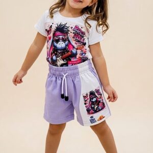 Conjunto Infantil Rock Star con Camiseta Estampada y Short Lila para Niña