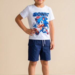 Conjunto Infantil Sonic con Camiseta Estampada y Short Azul para Niño