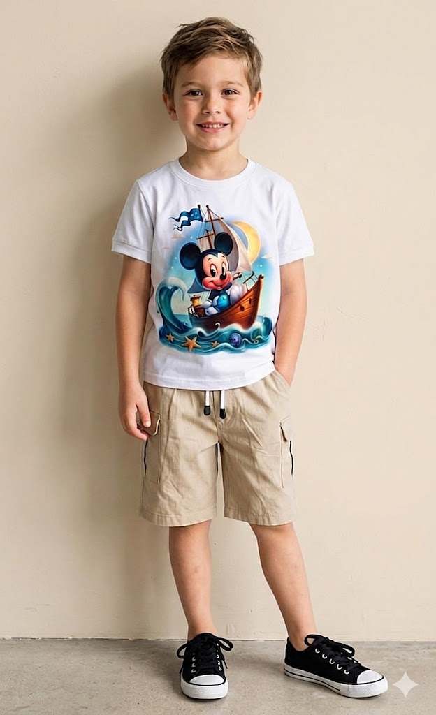 Conjunto Infantil Mickey Marinero con Camiseta Estampada y Short Beige para Niño