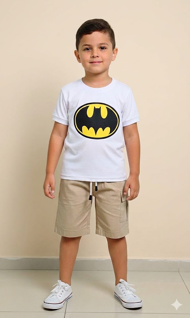 Conjunto Infantil Batman con Camiseta Estampada y Short Beige para Niño