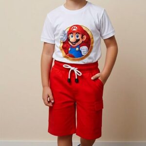 Conjunto Infantil Mario con Camiseta Estampada y Short Rojo para Niño
