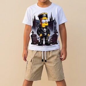Conjunto Infantil Bart Simpson Rockero con Camiseta Estampada y Short Beige para Niño