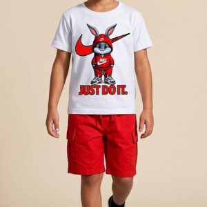 Conjunto Infantil Conejo Just Do It con Camiseta Estampada y Short Rojo para Niño