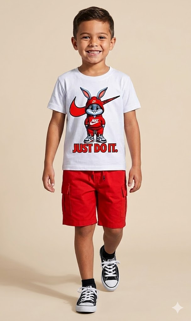 Conjunto Infantil Conejo Just Do It con Camiseta Estampada y Short Rojo para Niño