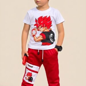 Conjunto Infantil Goku Super Saiyan con Camiseta Estampada y Jogger Rojo para Niño
