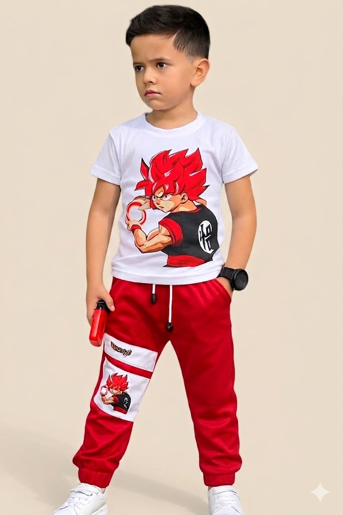Conjunto Infantil Goku Super Saiyan con Camiseta Estampada y Jogger Rojo para Niño