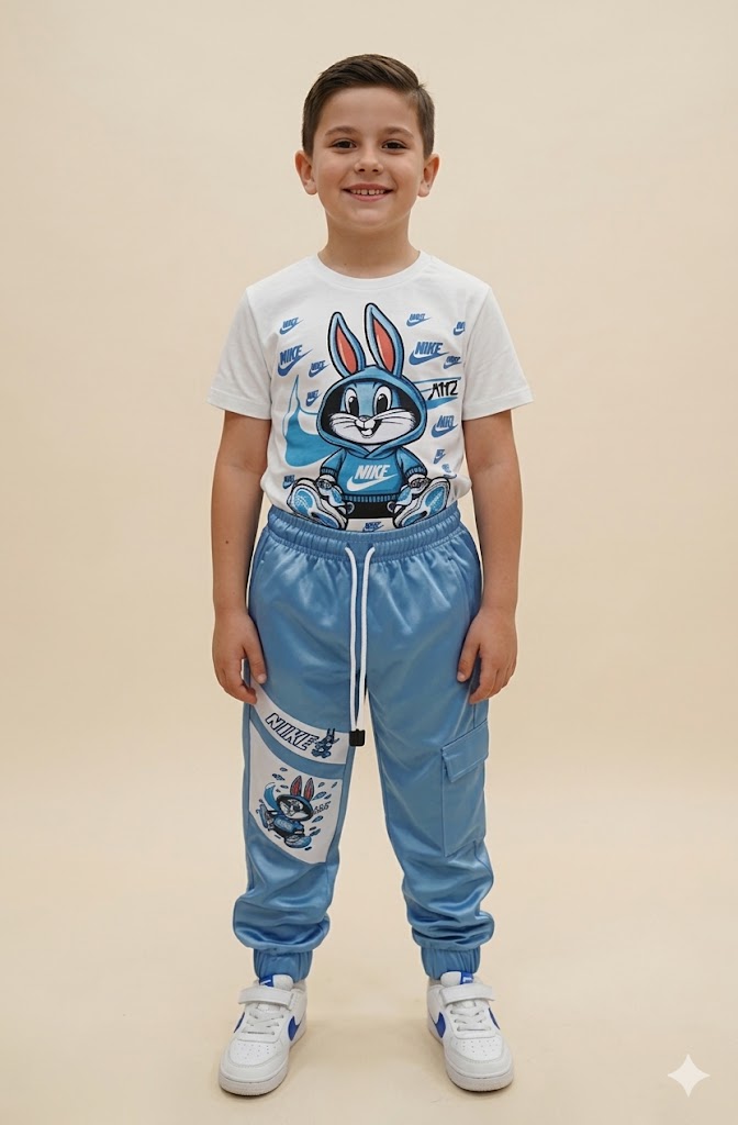 Conjunto Infantil Conejo Deportivo con Camiseta Estampada y Jogger Azul Claro para Niño