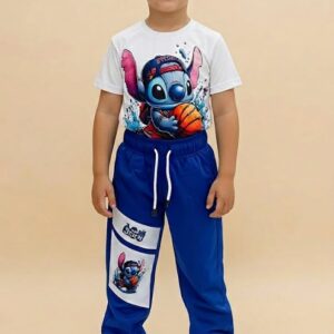 Conjunto Infantil Stitch Baloncesto con Camiseta Estampada y Jogger Azul para Niño