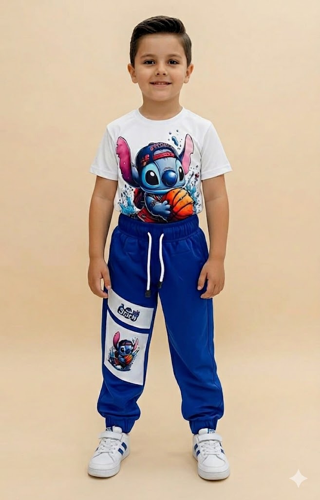 Conjunto Infantil Stitch Baloncesto con Camiseta Estampada y Jogger Azul para Niño