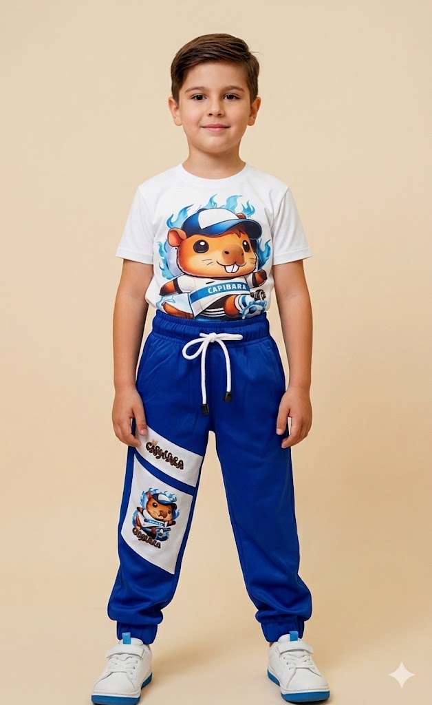 Conjunto Infantil Capibara Deportiva con Camiseta Estampada y Jogger Azul para Niño