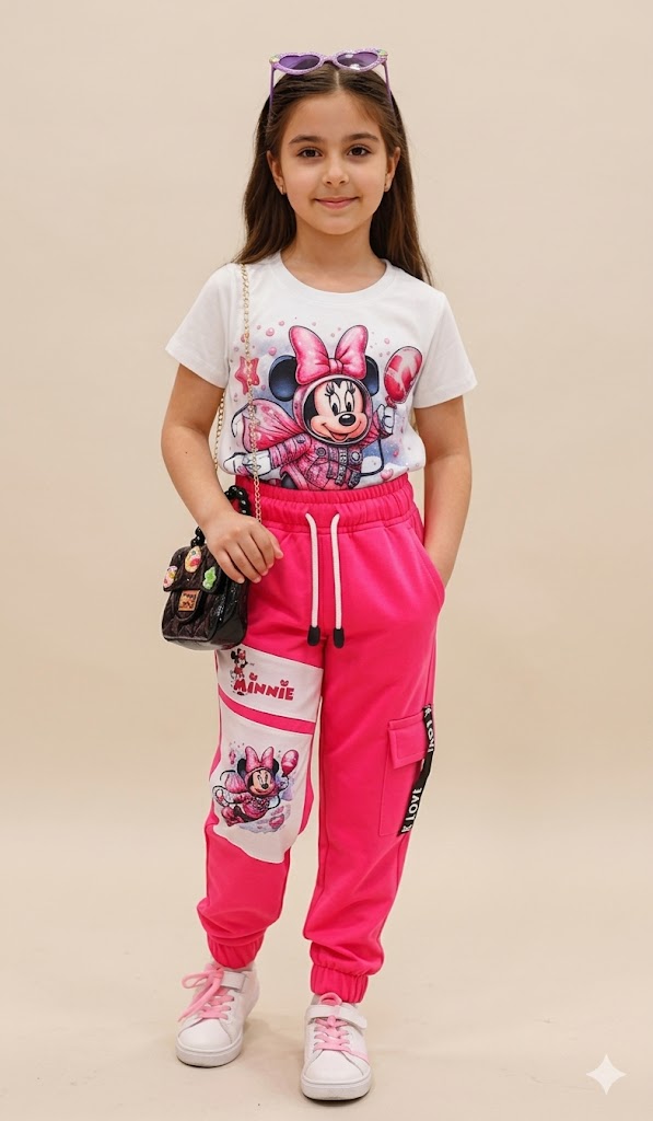 Conjunto Infantil Minnie Mouse Rosa con Camiseta Estampada y Jogger para Niña