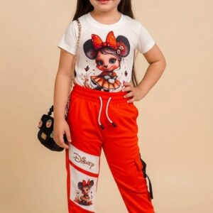 Conjunto Infantil Minnie Mouse Estilo Kawaii con Camiseta Estampada y Jogger Rojo para Niña