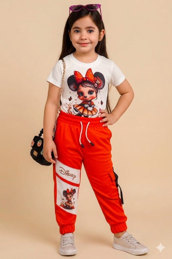 Conjunto Infantil Minnie Mouse Estilo Kawaii con Camiseta Estampada y Jogger Rojo para Niña