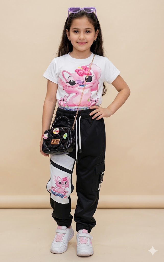 Conjunto Infantil Ángel Rosa con Camiseta Estampada y Jogger Negro para Niña