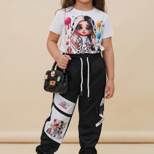 Conjunto Infantil Muñeca Fashion con Camiseta Estampada y Jogger Negro para Niña