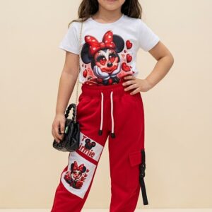 Conjunto Infantil Minnie Mouse Corazones con Camiseta Estampada y Jogger Rojo para Niña