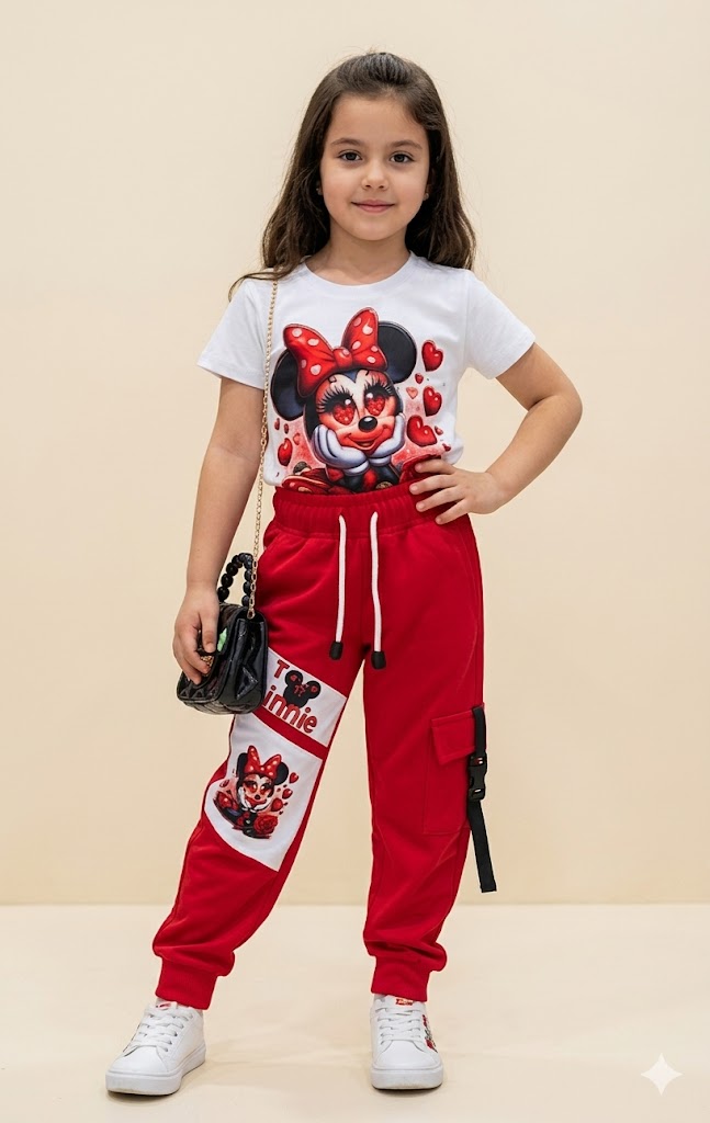 Conjunto Infantil Minnie Mouse Corazones con Camiseta Estampada y Jogger Rojo para Niña