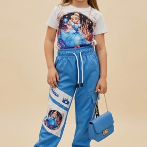 Conjunto Infantil Cenicienta Azul con Camiseta Estampada y Jogger Azul para Niña