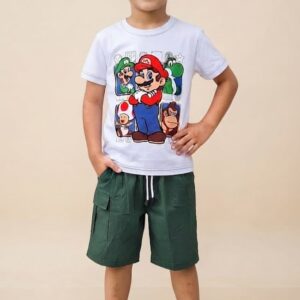Conjunto Super Mario  con Camiseta Estampada y Bermuda Verde Oscuro Niño