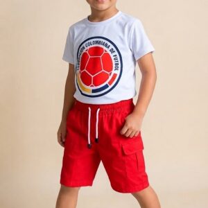 Conjunto Selección Colombia con Camiseta Estampada y Bermuda Roja Niño