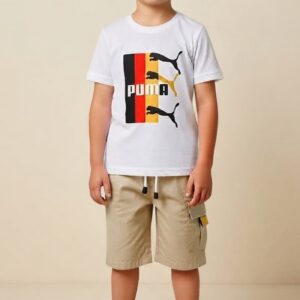 Conjunto Puma con Camiseta Estampada y Bermuda Caqui Claro Niño