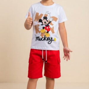 Conjunto Mickey Mouse con Camiseta Estampada y Bermuda Roja Niño