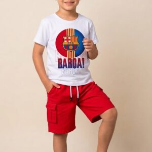 Conjunto FC Barcelona con Camiseta Estampada y Bermuda Roja Niño
